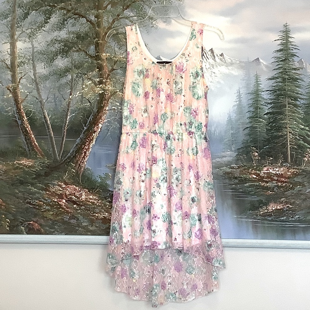 Juniors Floral Lace Sleeveless High Low Dress